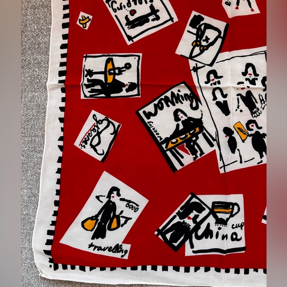 ✨PALOMA PICASSO Vintage “A Day in the Life”Silk Square Scarf Red Cream Black - Picture 9 of 10